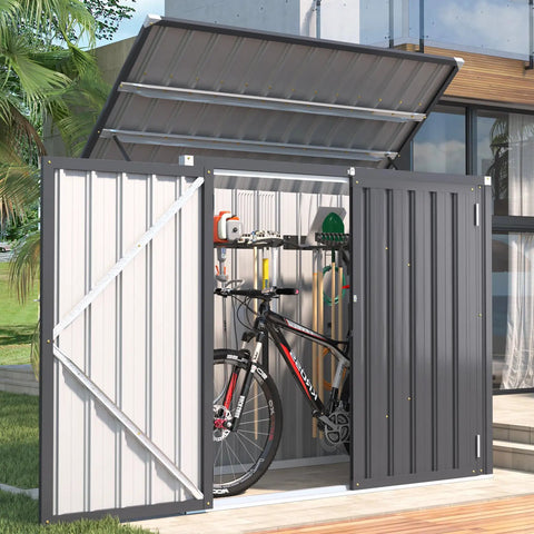 Outdoor Trash Can Storage Shed With 46 Cu Ft Capacity, Waterproof Horizontal Cabinet, Dark Grey Outdoor Storage Solution