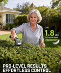 Woman using Z10 Pro Cordless Hedge Trimmer With 6 Inch Shrubbery Trimmer And 3.5 Inch Grass Shear in a garden
