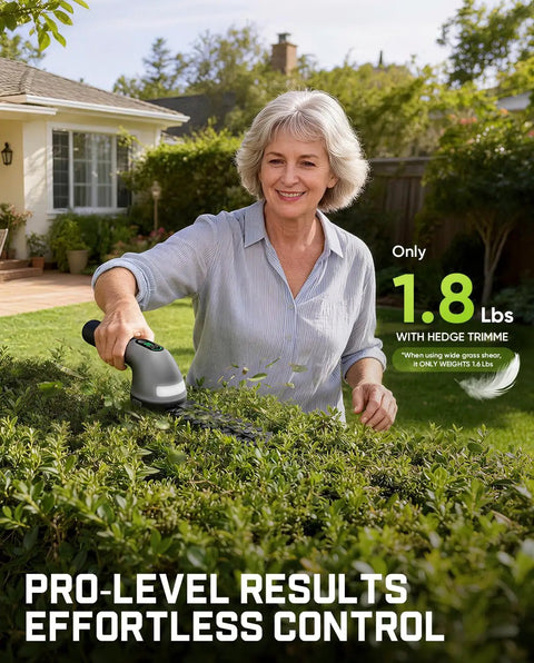 Woman using Z10 Pro Cordless Hedge Trimmer With 6 Inch Shrubbery Trimmer And 3.5 Inch Grass Shear in a garden