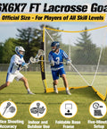 6x6x7 Ft Lacrosse Goal With Upgrade Square Steel Frame Base Foldable Portable Net on a field with players practicing
