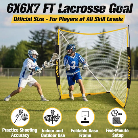 6x6x7 Ft Lacrosse Goal With Upgrade Square Steel Frame Base Foldable Portable Net on a field with players practicing