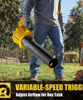Person using 20V Cordless Leaf Blower Compatible With DeWalt 20V MAX Batteries, clearing leaves, featuring variable speed trigger.