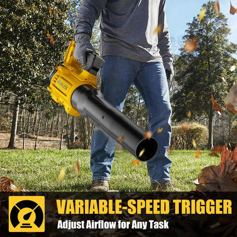 Person using 20V Cordless Leaf Blower Compatible With DeWalt 20V MAX Batteries, clearing leaves, featuring variable speed trigger.