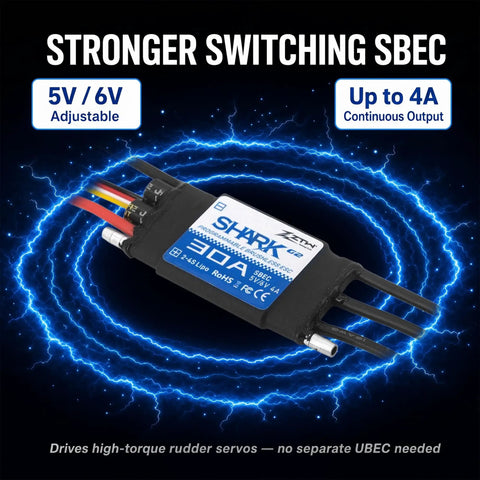 Shark G2 30A Brushless ESC with Water Cooling and 5V/6V adjustable BEC, strong switching SBEC and 4A continuous output.