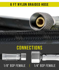 Close-up of Premium Six Foot Nylon Braided Airbrush Hose Pairing Dual Threaded Adapters, showing 1/8" and 1/4" BSP connections.