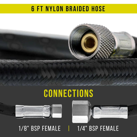 Close-up of Premium Six Foot Nylon Braided Airbrush Hose Pairing Dual Threaded Adapters, showing 1/8" and 1/4" BSP connections.