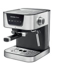 Heavy Hitter 19 Bar Manual Espresso Machine With Integrated Milk Frother Dual Outlet Arms And Heated Base side view with brushed metal finish