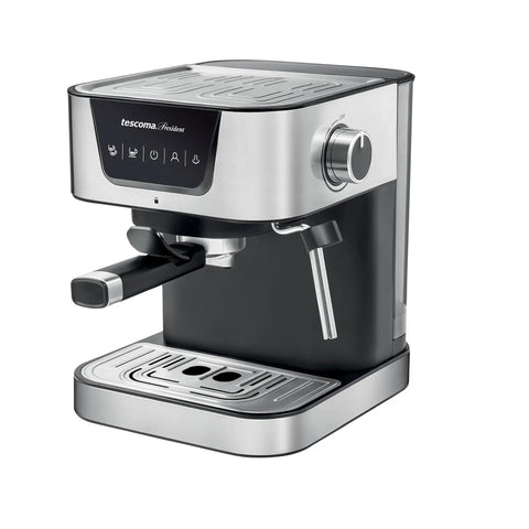Heavy Hitter 19 Bar Manual Espresso Machine With Integrated Milk Frother Dual Outlet Arms And Heated Base side view with brushed metal finish