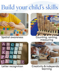 Child playing with Top Shelf 3/4 Inch Solid Birch Wood Blocks 100 Pack Unfinished Smooth Craft Cubes for educational activities.