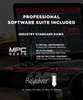 All In One Dual Channel USB Audio Interface For Recording Streaming And Podcasting With Dual XLR Inputs Line And DI Inputs Plus Included Software Suite For Mac Or PC Plug And Play Ready with visible software display.