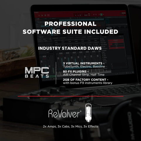 All In One Dual Channel USB Audio Interface For Recording Streaming And Podcasting With Dual XLR Inputs Line And DI Inputs Plus Included Software Suite For Mac Or PC Plug And Play Ready with visible software display.