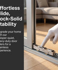 Heavy Duty Sliding Door Rollers Replacement Kit With Silent Stainless Steel Bearings For Silky Glass Track Glide Zero Drag Dual Wheel Patio Window Caster Parts Premium Upgrade Set installed on a sliding glass door.