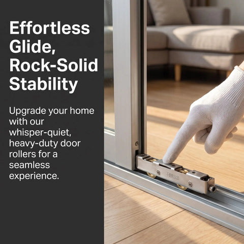 Heavy Duty Sliding Door Rollers Replacement Kit With Silent Stainless Steel Bearings For Silky Glass Track Glide Zero Drag Dual Wheel Patio Window Caster Parts Premium Upgrade Set installed on a sliding glass door.