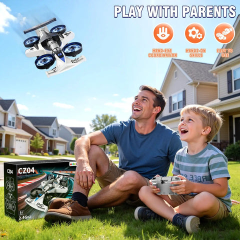 Father and son playing with Totally 2 In 1 Remote Control RC Plane And Car That Lets You Ride And Fly Foam Indoor Outdoor Racer.