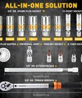 All In One Pro Grade Spark Plug Socket Set With Three Eighths Inch Drive Magnetic Swivel Sockets And Torque Wrench components displayed