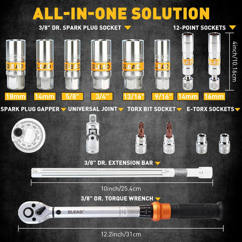 All In One Pro Grade Spark Plug Socket Set With Three Eighths Inch Drive Magnetic Swivel Sockets And Torque Wrench components displayed