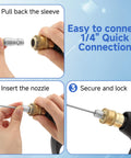 Steps to connect Pressure Washer Nozzle Kit With Needle Tips For Deep Cleaning Narrow Gaps And Corners Four Pack One Quarter Inch Quick Connect One To Two GPM Great For Cars Washing Machines AC Fins RV Water Heaters