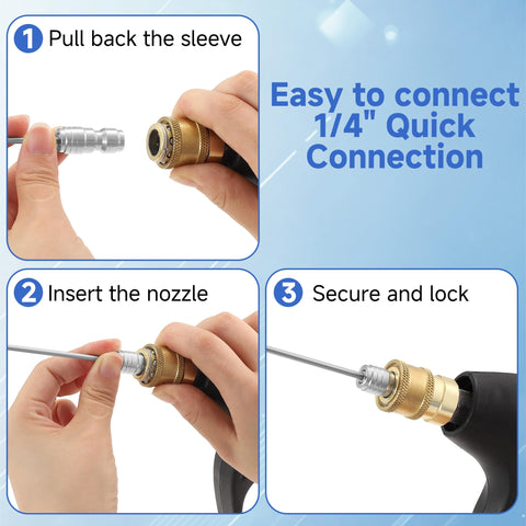 Steps to connect Pressure Washer Nozzle Kit With Needle Tips For Deep Cleaning Narrow Gaps And Corners Four Pack One Quarter Inch Quick Connect One To Two GPM Great For Cars Washing Machines AC Fins RV Water Heaters