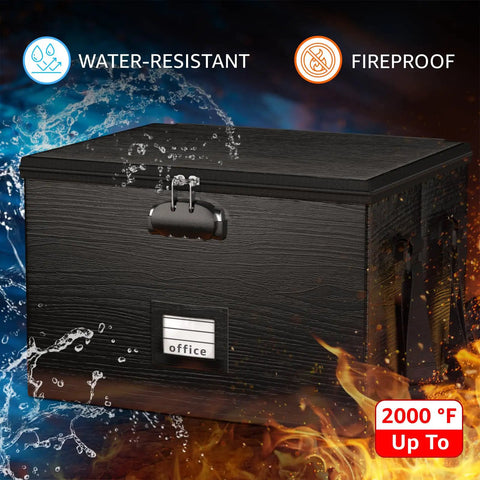 Fireproof Locking Document Box With Portable Handle, Waterproof Filing Storage for Letter and Legal Folders shown with fire and water resistance visuals.