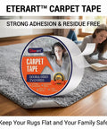 Heavy Duty Tough Double Sided Carpet Tape Fiberglass Reinforced Residue Free Rug Tape For Hardwood Floors And Tile Hand Tearable Anti Slip Safety For Kids And Pets 2 Inches By 10 Yards White roll on carpet with woman reading book.