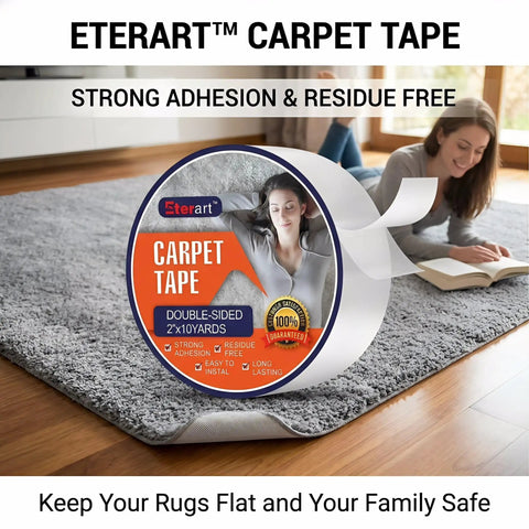 Heavy Duty Tough Double Sided Carpet Tape Fiberglass Reinforced Residue Free Rug Tape For Hardwood Floors And Tile Hand Tearable Anti Slip Safety For Kids And Pets 2 Inches By 10 Yards White roll on carpet with woman reading book.
