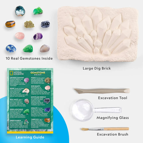 Gemstone dig kit with excavation tools, dig brick, learning guide, and 10 real gems including amethyst and pyrite.