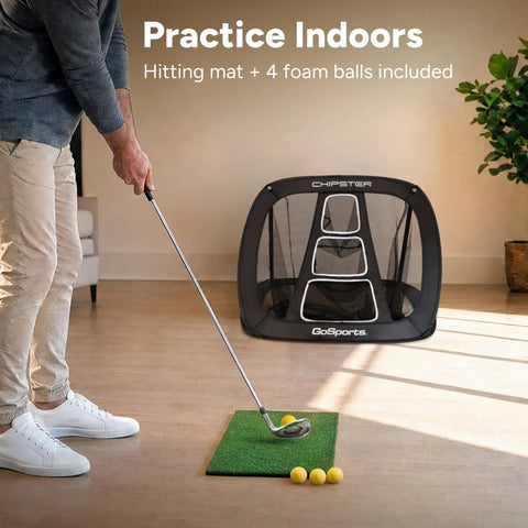 Golfer using Chipster PRO Golf Chipping Net For Indoor And Outdoor Practice With Pop-Up Target, Hitting Mat, Four Foam Balls.