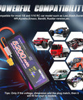 11.1V 3S 5200mAh 80C RC Battery With Beefy Hard Case And XT60 Connector shown with compatible RC cars and trucks in background