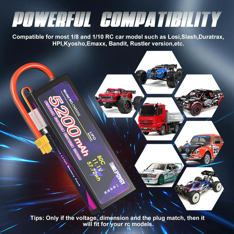 11.1V 3S 5200mAh 80C RC Battery With Beefy Hard Case And XT60 Connector shown with compatible RC cars and trucks in background