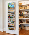 Game Changing Over The Door Organizer With Six Hella Roomy Clear Pockets For Sneakers Accessories And Daily Gear Heavy Duty Hanging Closet Rack To Declutter Any Tight Room Today mounted on a pantry door.