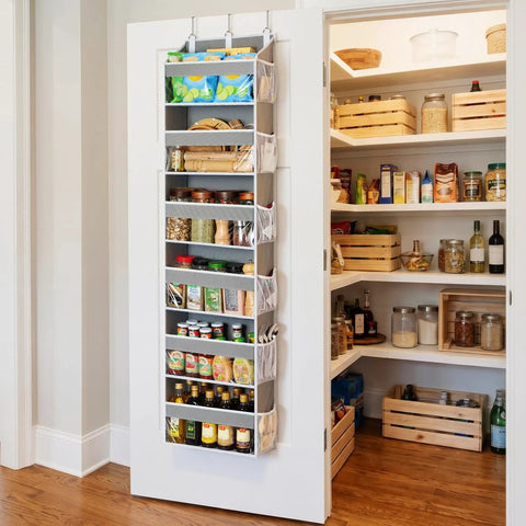 Game Changing Over The Door Organizer With Six Hella Roomy Clear Pockets For Sneakers Accessories And Daily Gear Heavy Duty Hanging Closet Rack To Declutter Any Tight Room Today mounted on a pantry door.