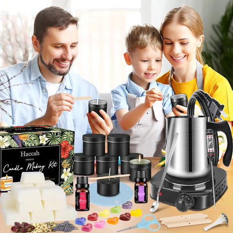 Family using Complete Candle Making Kit With Wax Melter And Supplies For Beginners And Adults Including Beeswax Blocks