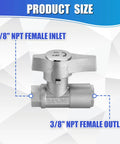 Front view of a silver 3/8 NPT ball valve for pressure washer hose with inlet and outlet ports.