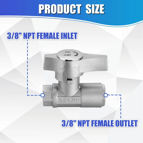 Front view of a silver 3/8 NPT ball valve for pressure washer hose with inlet and outlet ports.