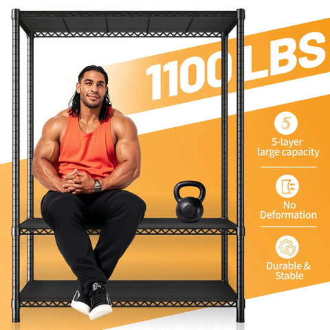 72 Inch Beefy Heavy Duty Metal Shelving Unit With 5 Tier Storage For Kitchen Pantry And Garage Maximum 1100 Lb Capacity Total 220 Lb Per Shelf Space Saving Wire Shelves Easy Assembly Durable Design, black wire rack with kettlebell