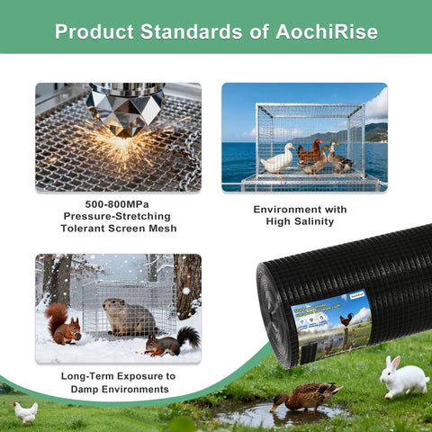 Heavy Duty Black Vinyl Coated Hardware Cloth One Inch Square Mesh Galvanized Steel Wire in outdoor setting with wildlife.