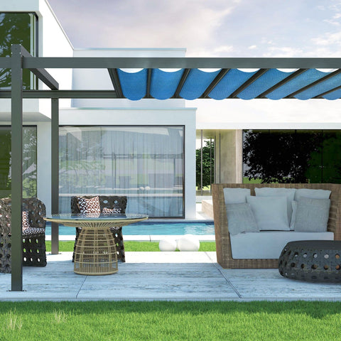 7 Foot By 12 Foot Sun Shade Sail With Straight Edge 240GSM Canopy Shade Cover Featuring D Ring Grommets UV Block Breathable Outdoor Shade For Pergola Garden Patio Deck Backyard Blue installed over patio