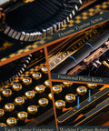 Close-up of 3D Wooden Puzzle for Adults Immersive 12 Hour Typewriter Model Kit showing keys, typebars, and carriage knob.