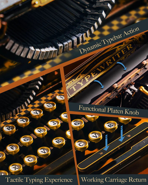 Close-up of 3D Wooden Puzzle for Adults Immersive 12 Hour Typewriter Model Kit showing keys, typebars, and carriage knob.