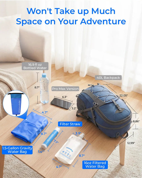 Gravity Water Filter Straw For Camping And Backpacking, 5 Stage Filtration With 0.1 Micron Membrane, shown with gear and measurements