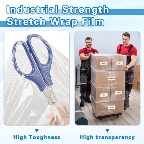 Top Tier Six Pack Stretch Film Rolls With Sixty Gauge Thickness And Strong Self Adhesive Grip securing boxes during moving.