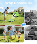 Man using Game Changer Golf Hitting Mat With Curved Ball Tray 3 In 1 Practice Mat for indoor training alongside children playing