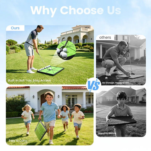 Man using Game Changer Golf Hitting Mat With Curved Ball Tray 3 In 1 Practice Mat for indoor training alongside children playing