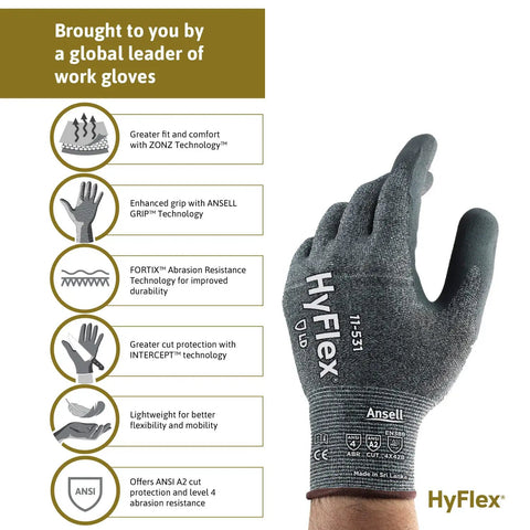 Hyflex 11-531 Cut Resistant Nylon Spandex Gloves With Grippy Foam Nitrile Palm For Fabrication And Automotive Work, Gray XXL