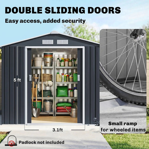 7x4 Outdoor Metal Storage Shed With Foundation Kit, double lockable doors open, storing garden tools in dark gray