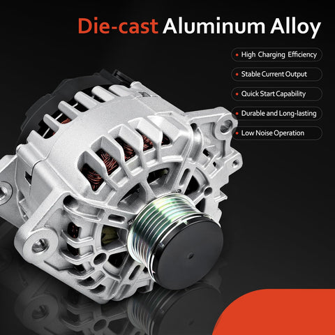 Alternator Replacement Fits 2007-2013 Altima, 2007-2012 Sentra, 2011-2013 Rogue, And 2014-2015 Rogue Select L4, 12V 110Amp 6-Groove TG12C032 23100-JA02A Plug-N-Play Direct Replacement For Reliable Charge, front view of die-cast aluminum alternator.