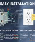 Diagram of Weatherproof GFCI Outlet Pack 10 Self Test Tamper Resistant with installation instructions and wiring details.
