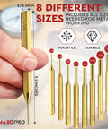 Person holding Brass Drive Pin Punch Set 8 Piece Non Marring Punch Kit For Watch Repair Jewelry Making Gunsmithing Crafting 3.5 inch