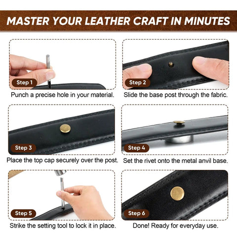 Step-by-step guide using Leather Rivet Kit Pro Grade With 370 Brass Double Cap Rivets And Full Size Tools For Five Sizes 6x6mm To 10x10mm.