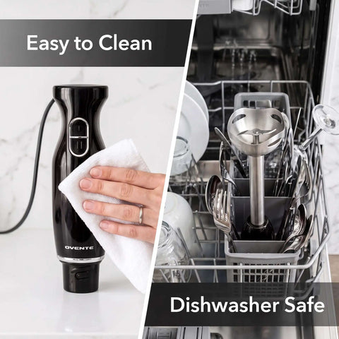 Straight Up Top Tier 300 Watt Corded Hand Blender With Two Quick Speed Modes For Silky Soups Dips And Creamy Protein Shakes Hella Easy black hand blender being wiped clean next to dishwasher safe attachments.